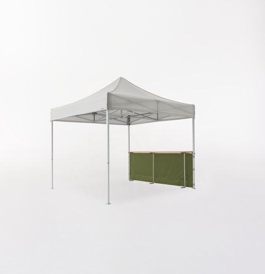White Ecotent® pop-up gazebo with half sidewall and counter made of recycled fabric.